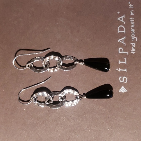 Silpada Hammered Triple Link Sterling Silver & Black Onyx Drop Earrings - Picture 1 of 1